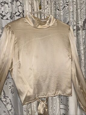 Reformation Cream silk High Neck Long Sleeve Tie-Back Top